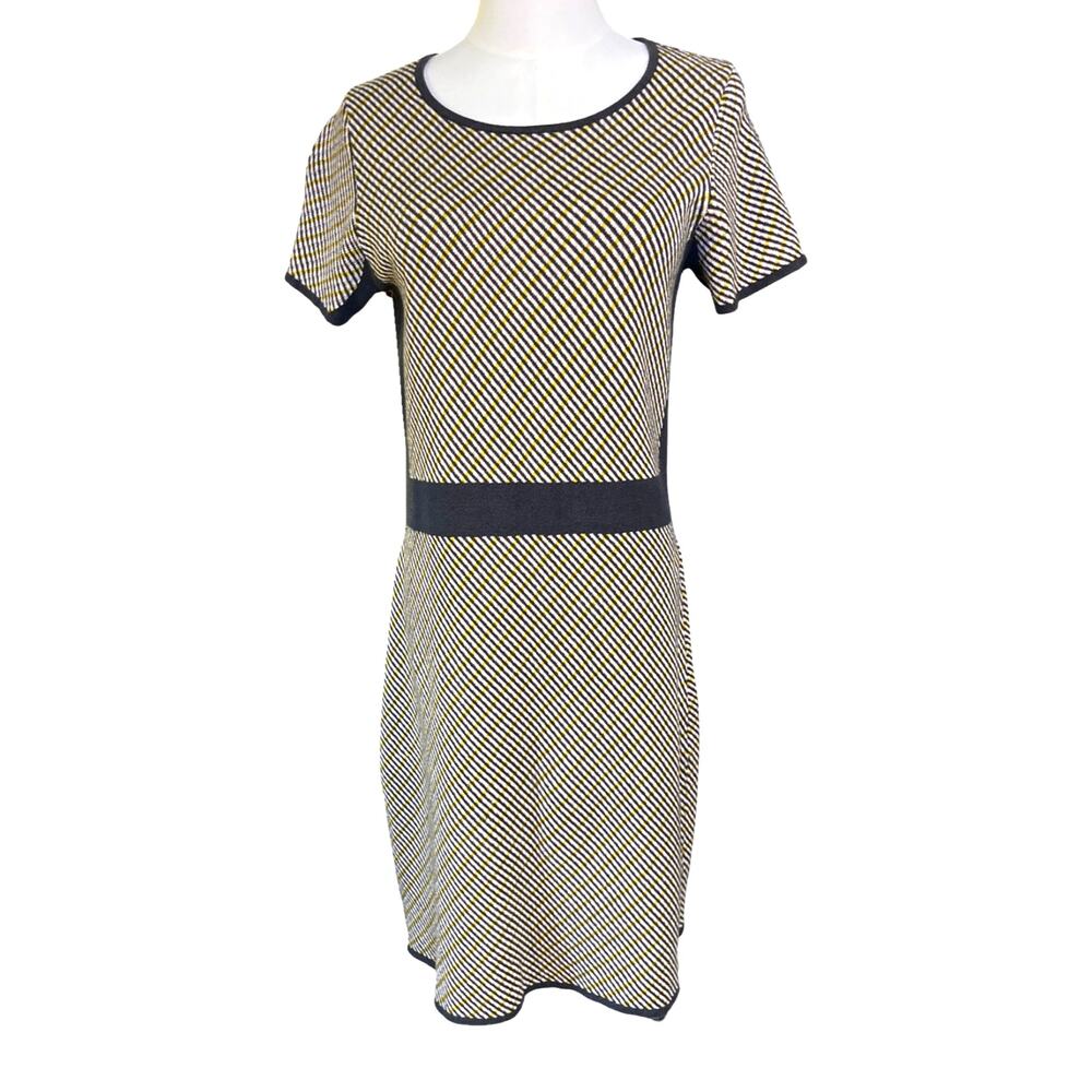 Boden Zoe Sweater Knit Shift Dress Yellow Black Check Short Sleeve Size 8R Retro